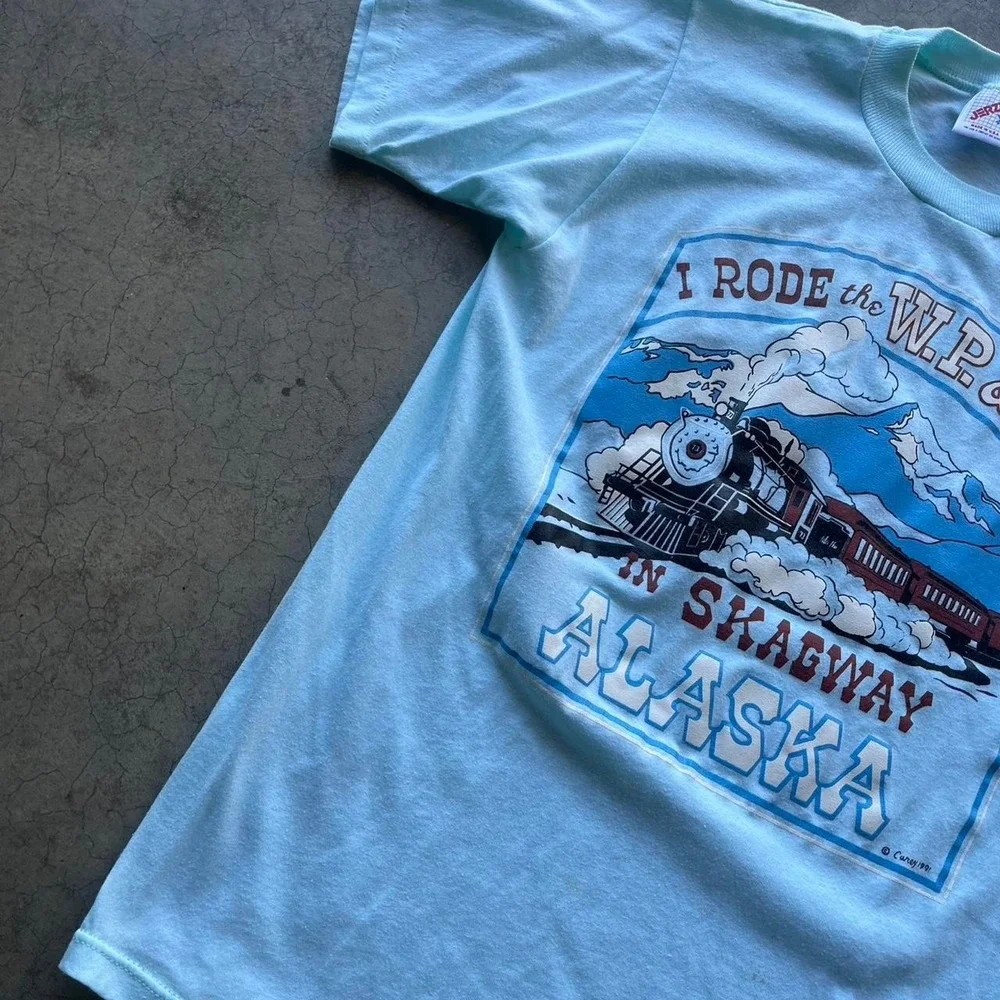 Vintage 1991 Alaska train blue graphic tee Single stitch Jerzees medium
